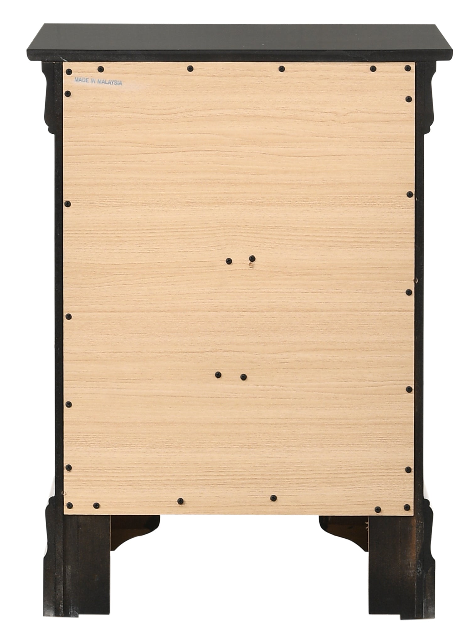 Black nightstand back panel with light wood grain held by visible screws