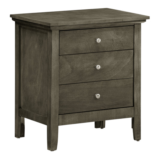 Gray wooden nightstand with three drawers and silver knobs