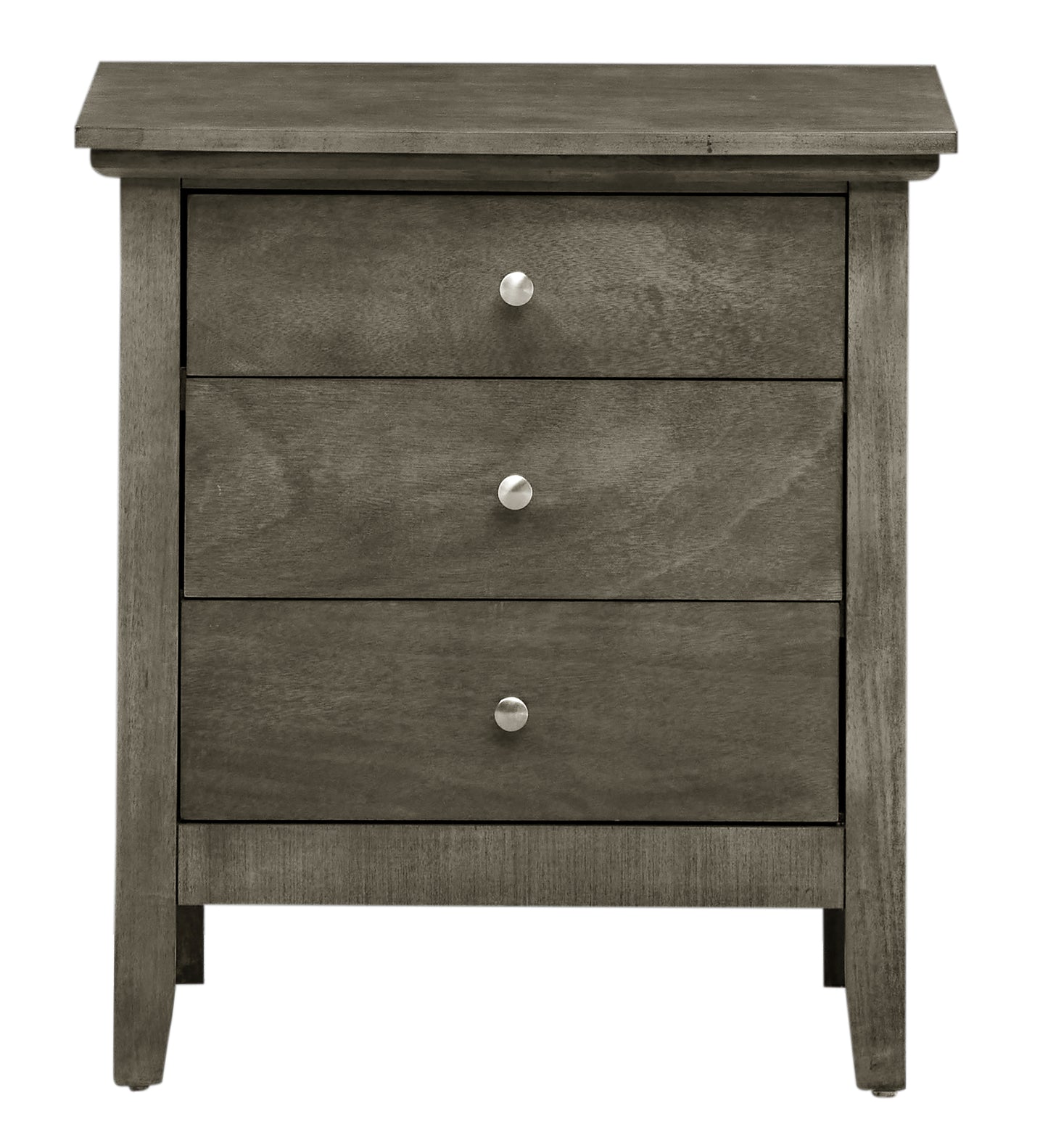 Gray wood nightstand with three drawers and silver knob pulls