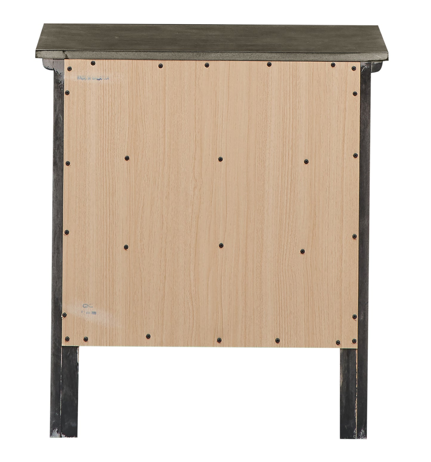 Back panel of a distressed grey wood nightstand featuring natural wood grain and visible screw details