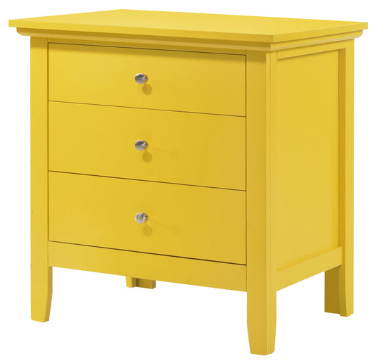 Bright yellow painted wooden dresser with three drawers and silver knobs