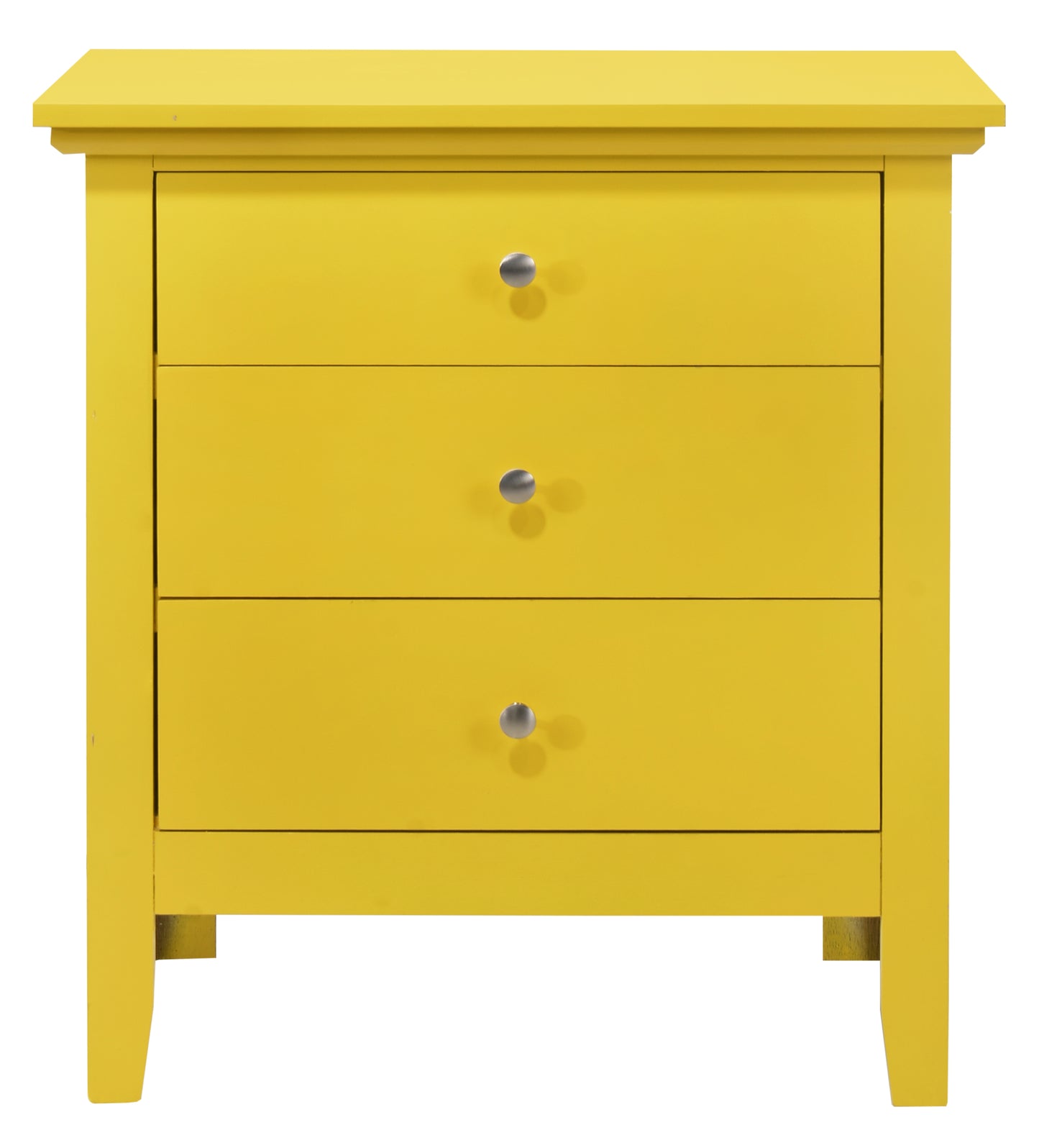 Bright yellow wooden nightstand with three drawers and silver knobs