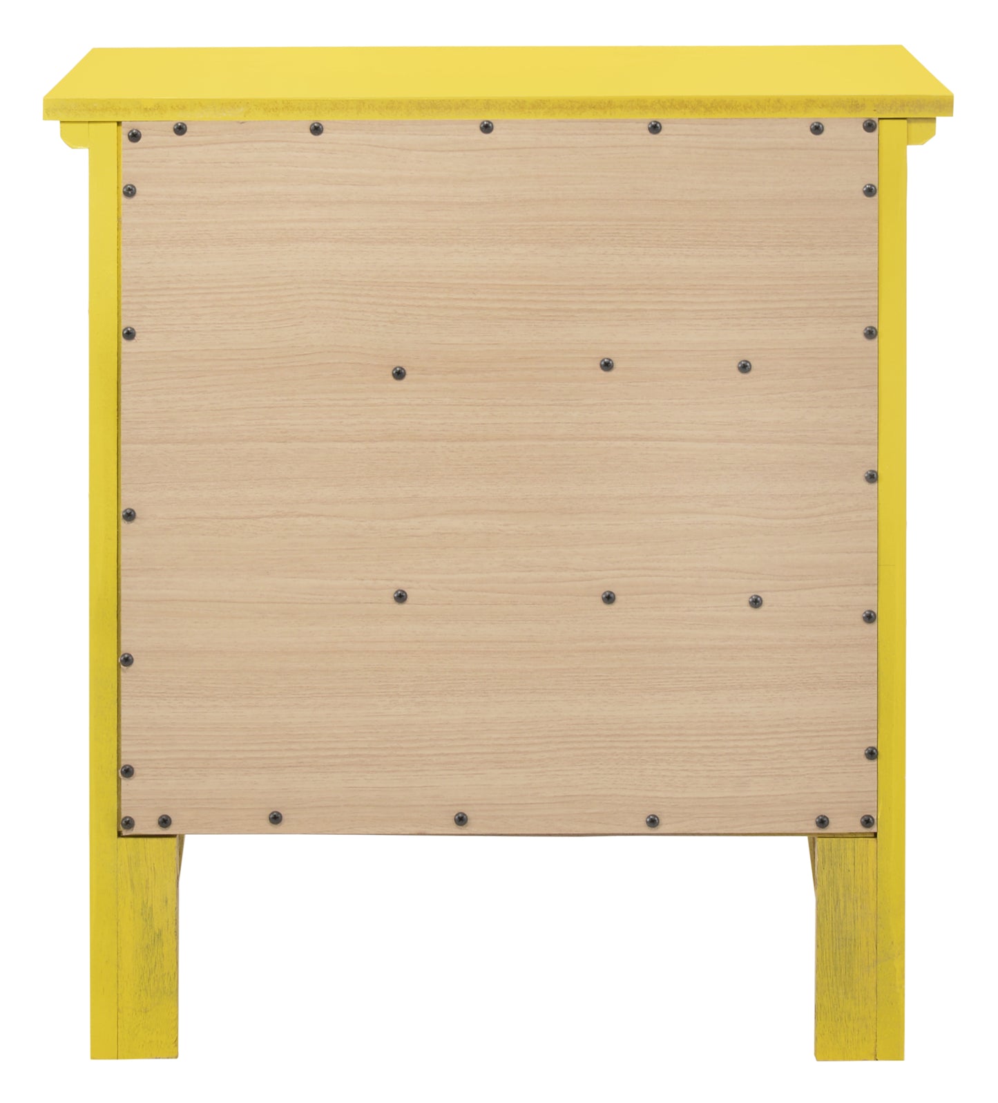 Yellow bedside table unfinished wood backing with visible screws