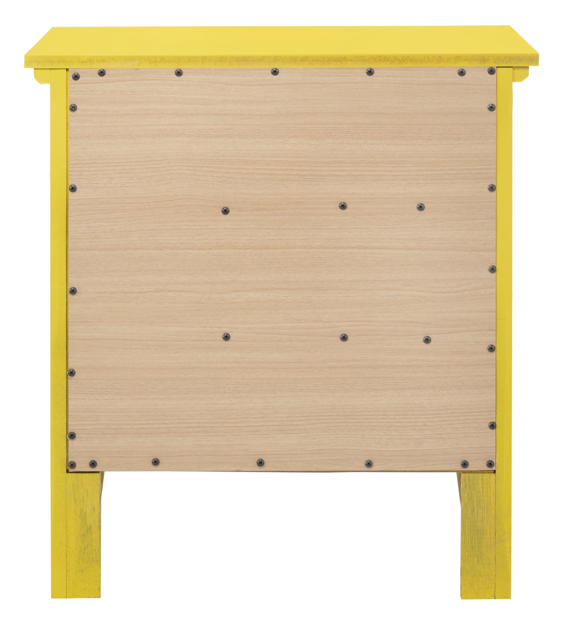 Yellow bedside table unfinished wood backing with visible screws