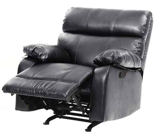 Black faux leather recliner chair with plush armrests and adjustable footrest perfect for home theater