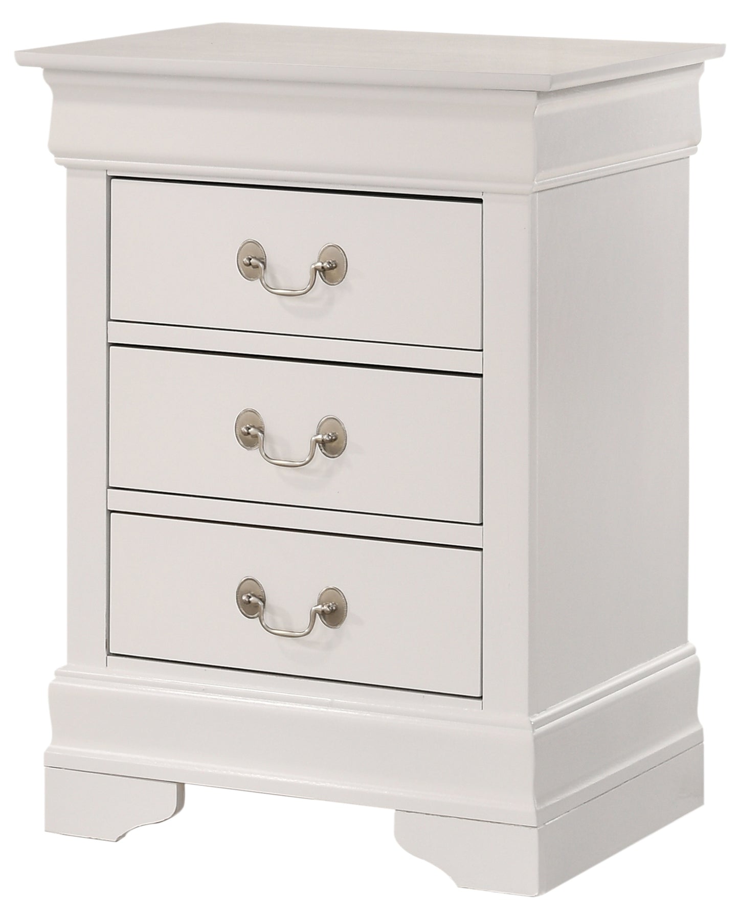 White threedrawer nightstand with ornate silver handles for bedroom storage