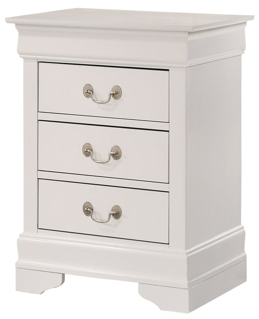 White threedrawer nightstand with ornate silver handles for bedroom storage