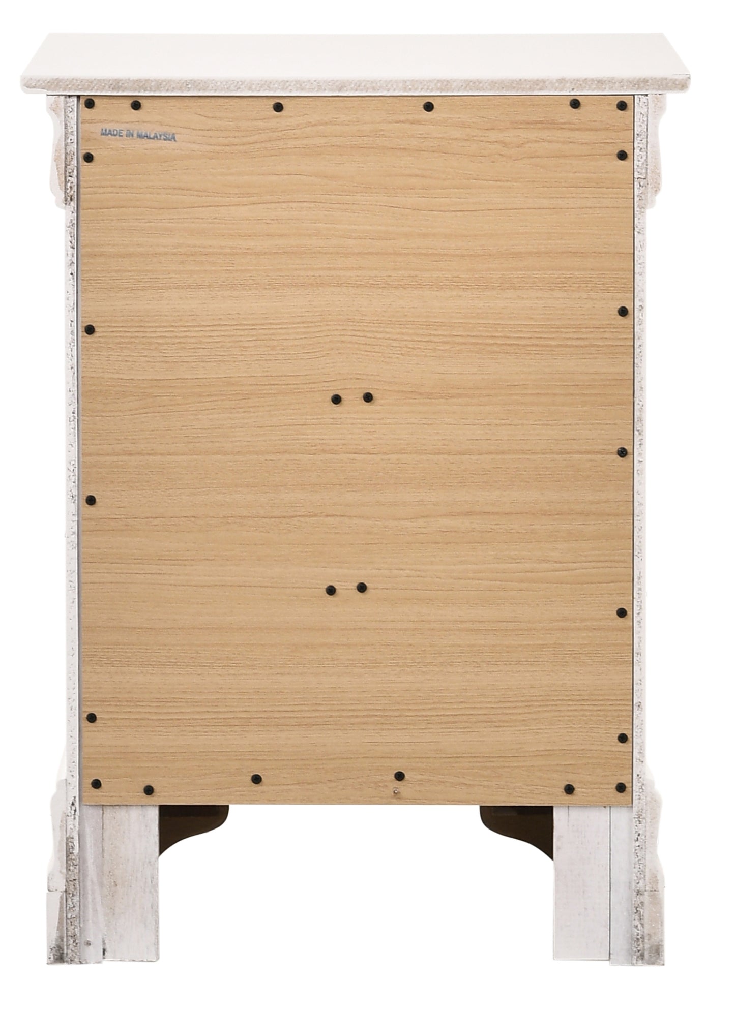 Back view of a distressed white nightstand with a light wood grain back panel and visible screws