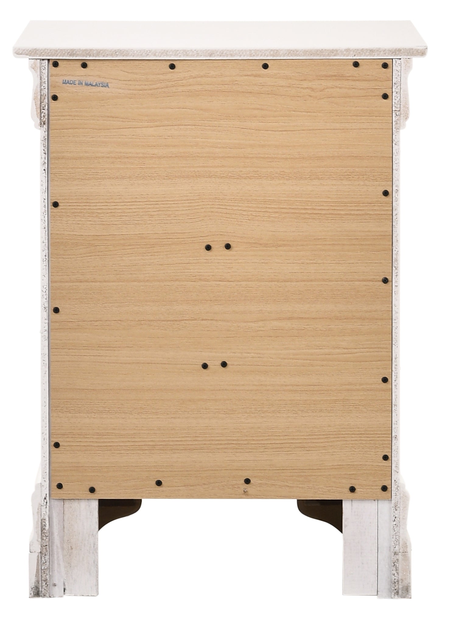 Back view of a distressed white nightstand with a light wood grain back panel and visible screws