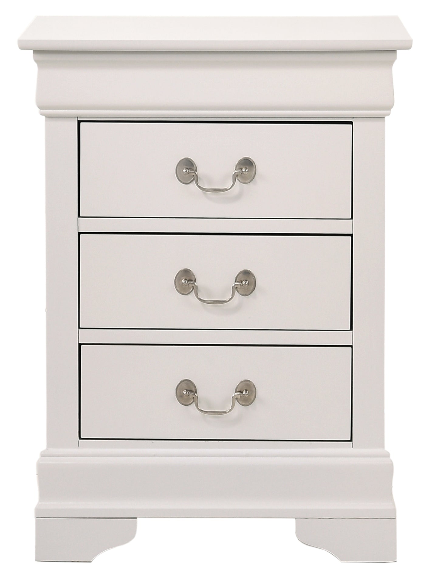 White painted wood threedrawer nightstand with silver drawer pulls