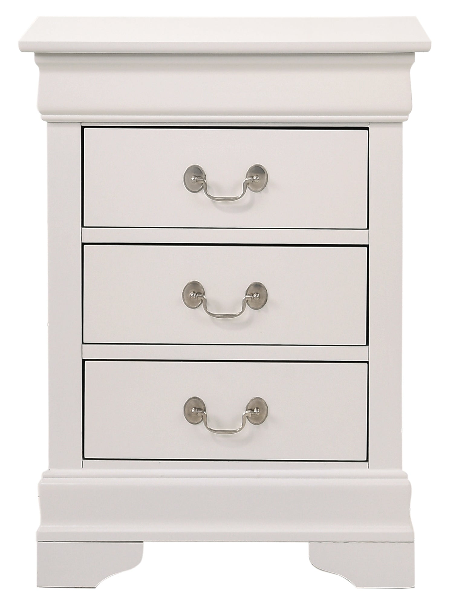 White painted wood threedrawer nightstand with silver drawer pulls