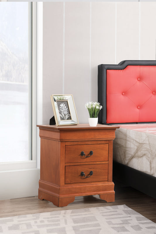 Warm cherry wood nightstand with two drawers and decorative hardware complementing a bedroom setting