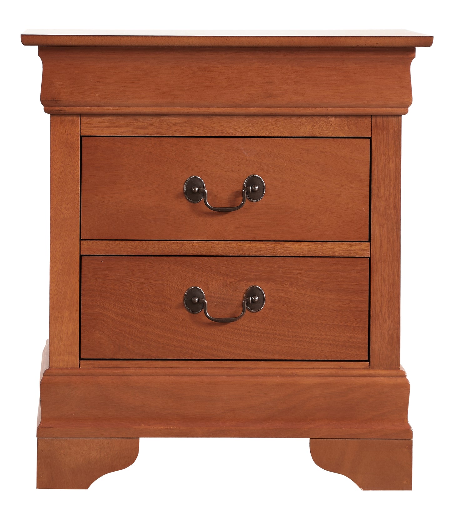 Twodrawer wooden nightstand in warm brown with antique brass pulls
