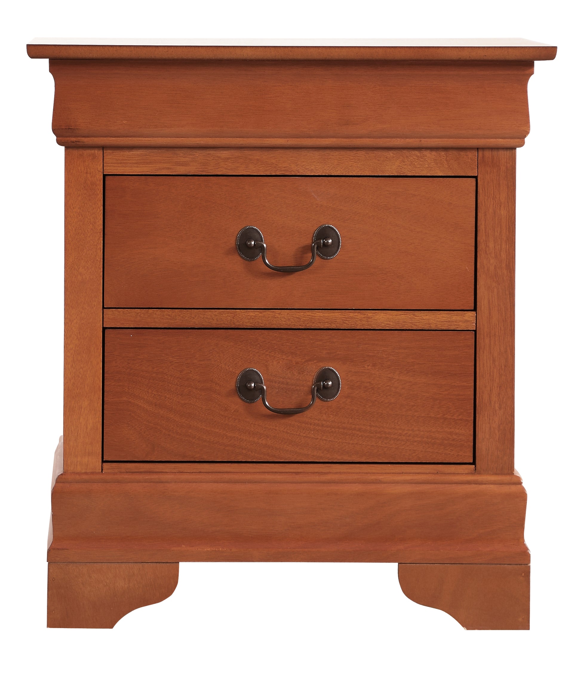 Twodrawer wooden nightstand in warm brown with antique brass pulls