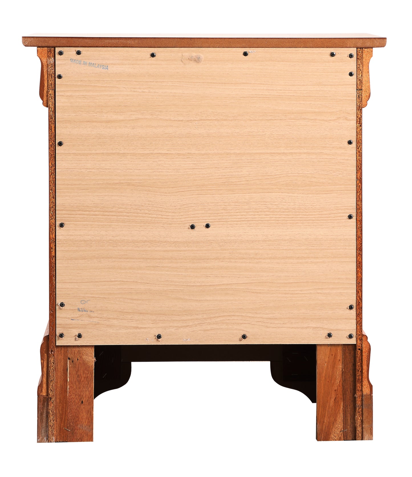 Back view of a wooden nightstand with light oak finish and visible screws
