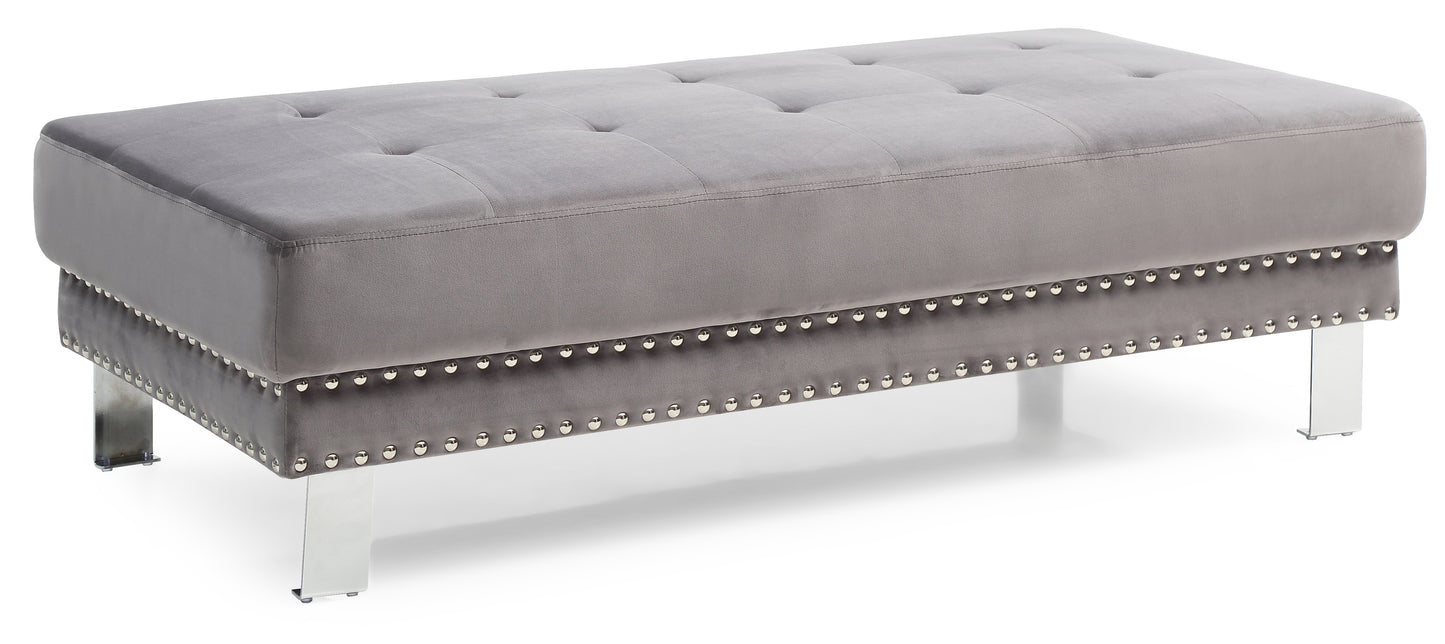 Grey velvet tufted ottoman with silver nailhead trim and chrome legs