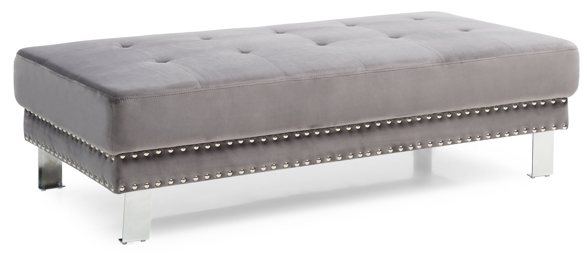 Grey velvet tufted ottoman with silver nailhead trim and chrome legs