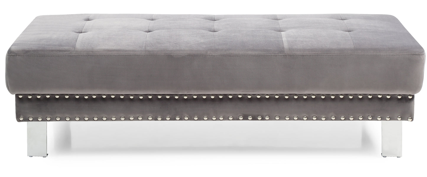 Grey velvet tufted ottoman with silver nailhead trim and chrome legs