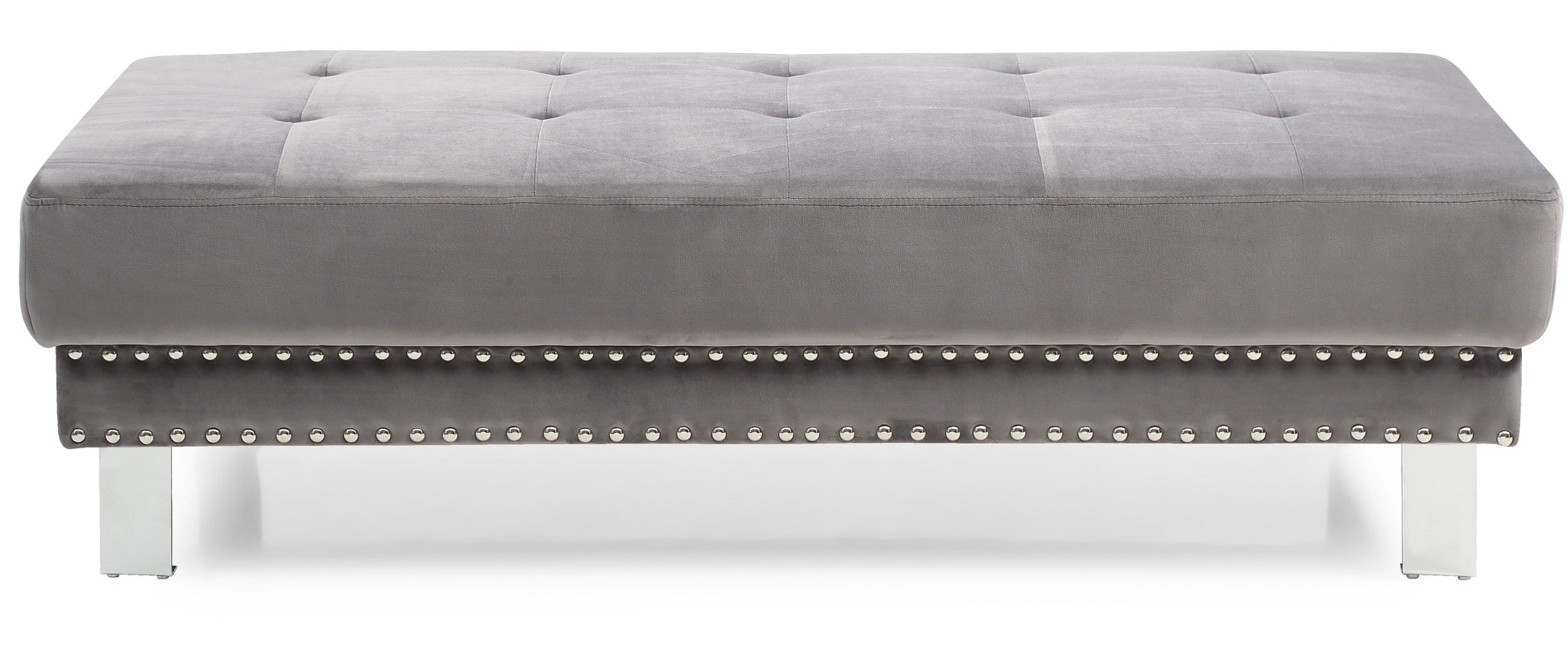 Grey velvet tufted ottoman with silver nailhead trim and chrome legs