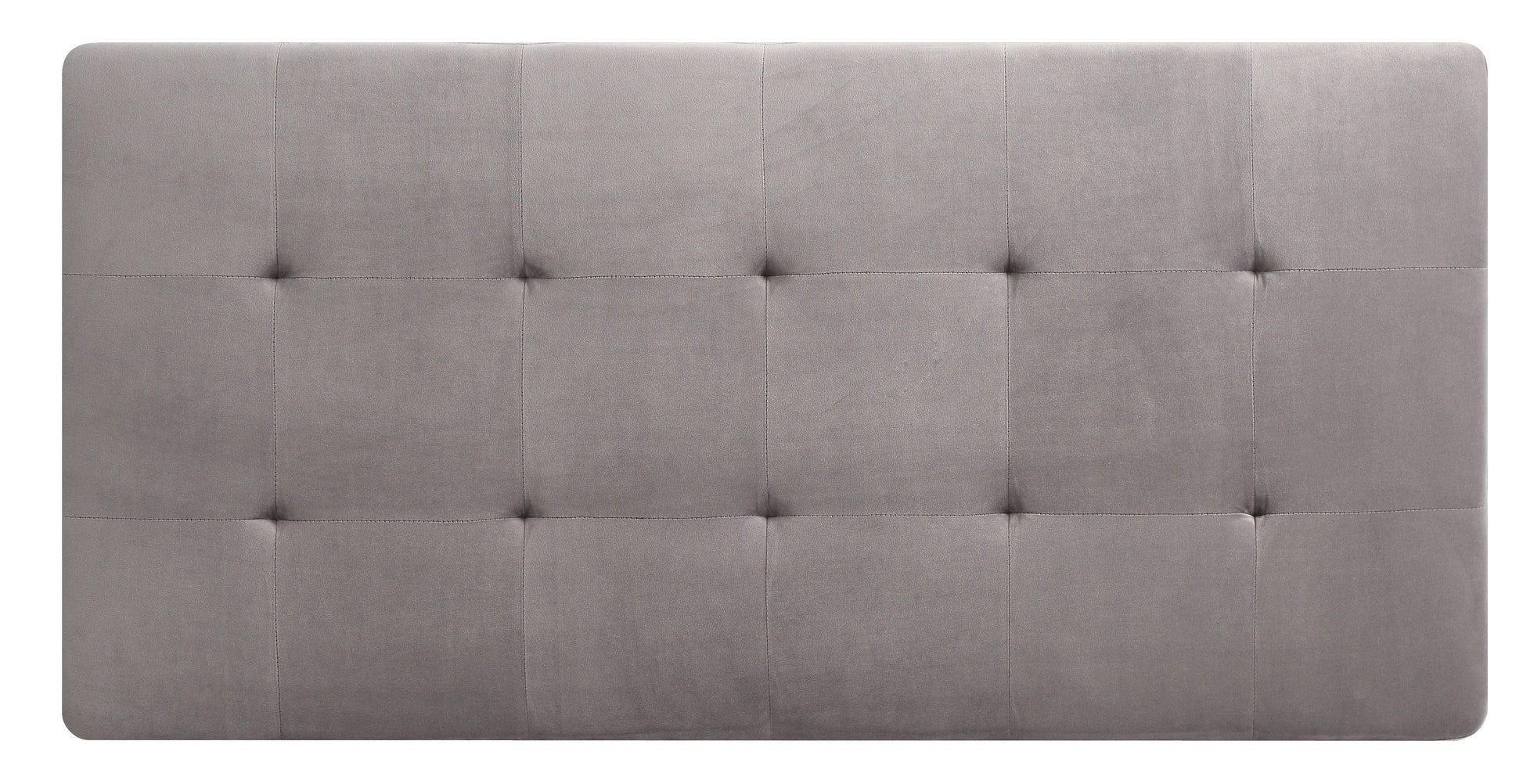Tufted grey velvet headboard with diamond stitching for a modern bedroom