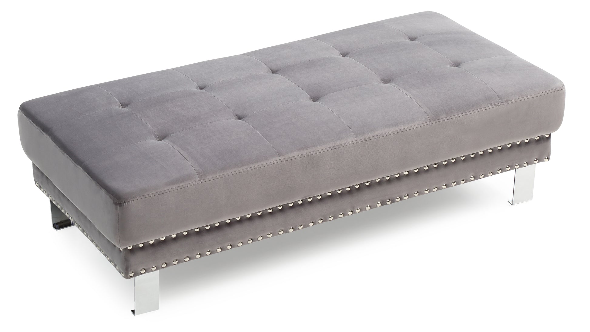 Tufted grey velvet ottoman bench with silver nailhead trim and chrome legs