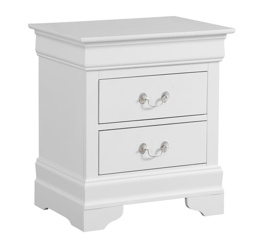 White twodrawer nightstand with decorative silver pull handles and elegant trim