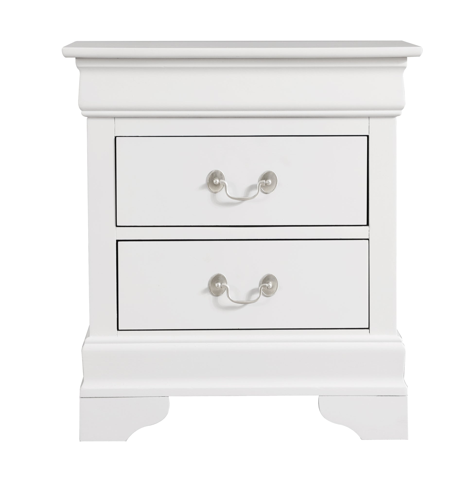White wooden nightstand with two drawers and silver pull handles