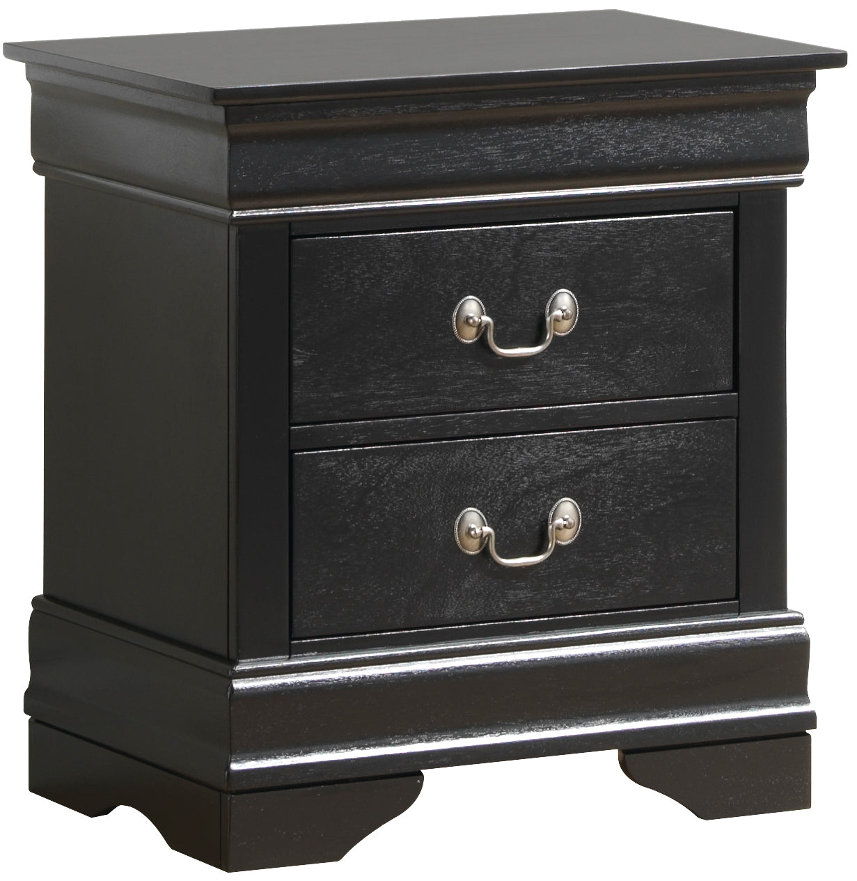 Black twodrawer wooden nightstand with ornate silver pulls and carved base