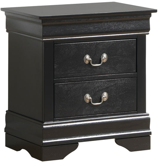 Black twodrawer wooden nightstand with ornate silver pulls and carved base