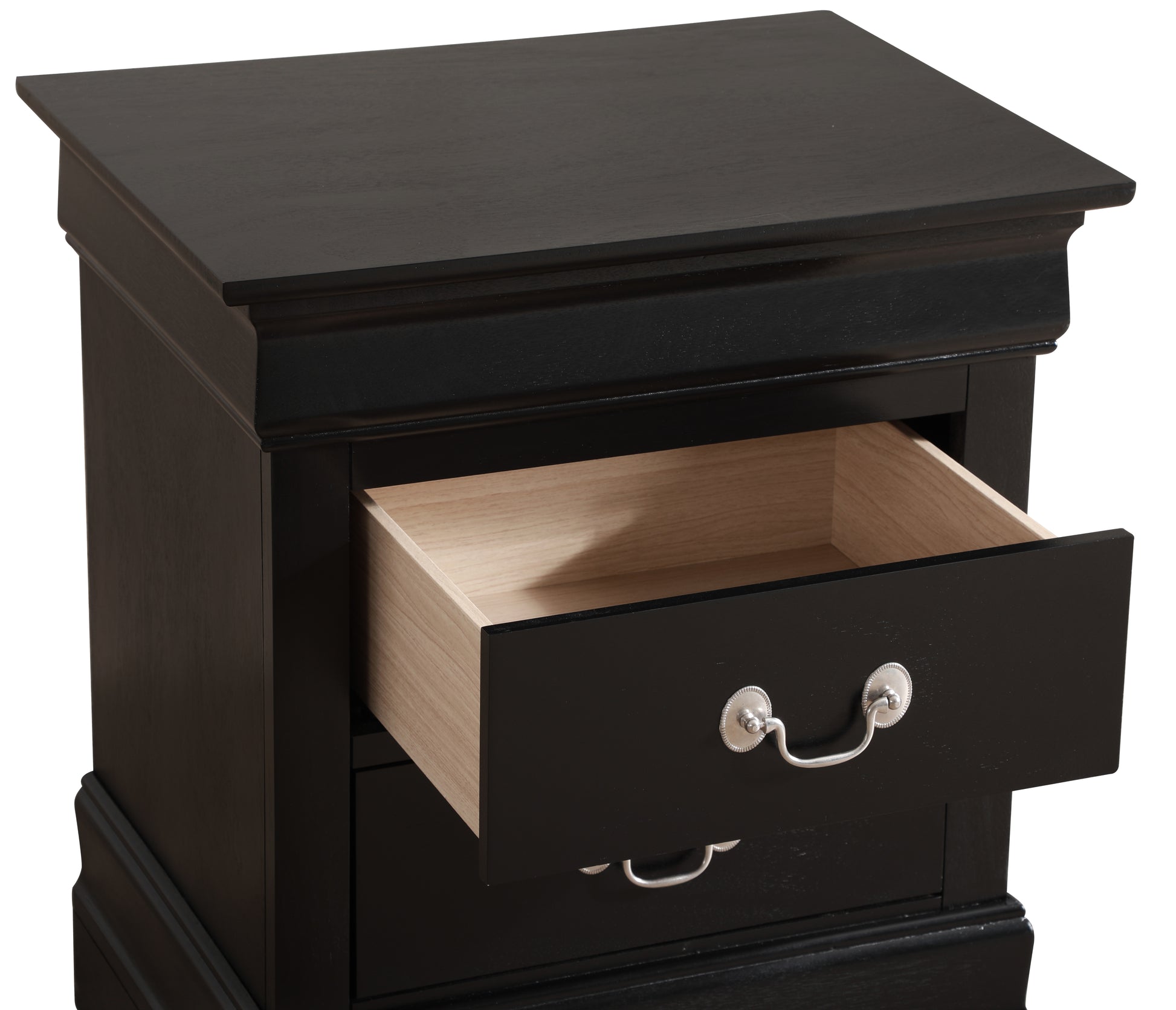 Black wooden nightstand with ornate silver drawer pull and open drawer