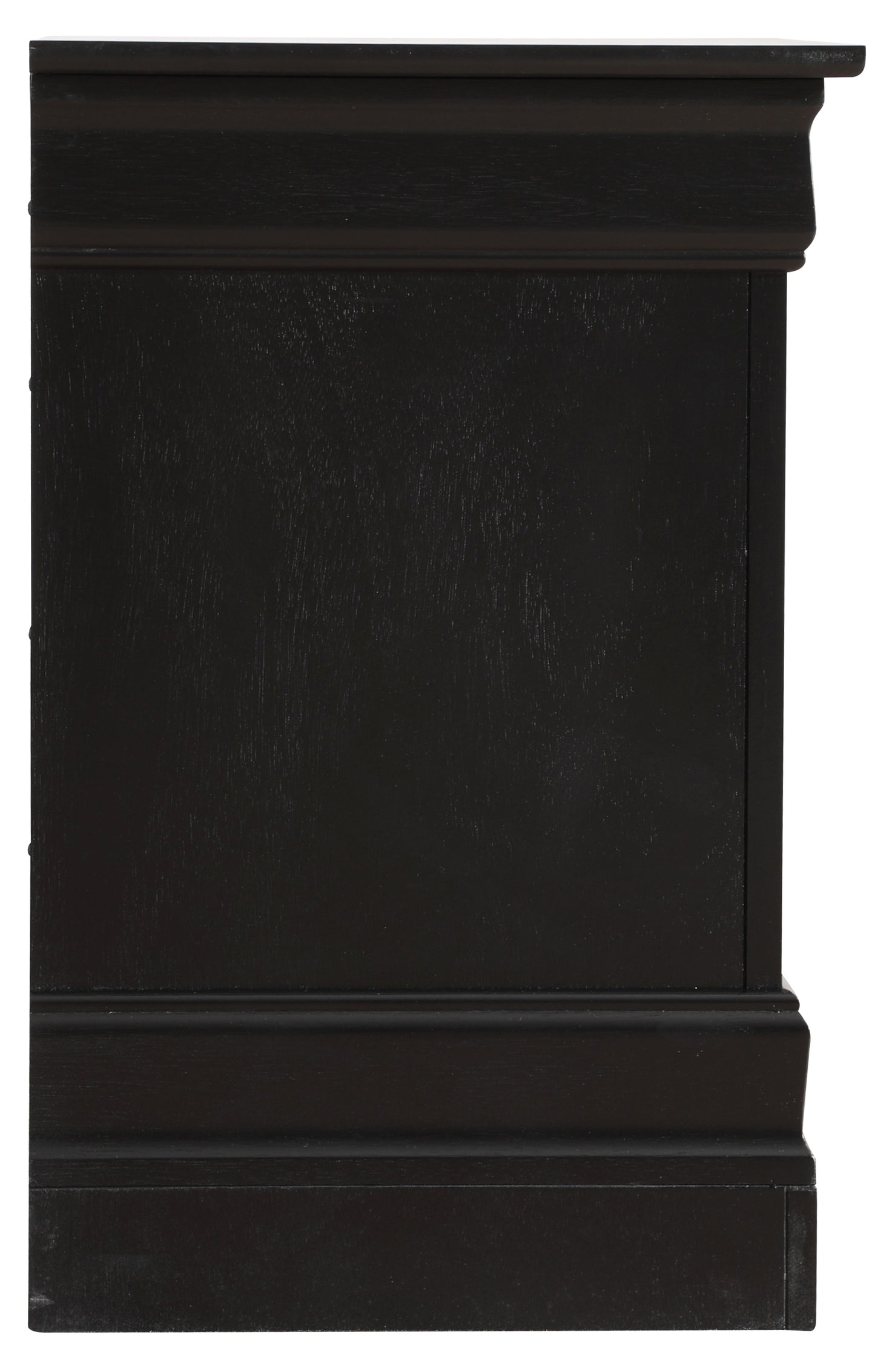Dark stained wood dresser side view showing decorative molding