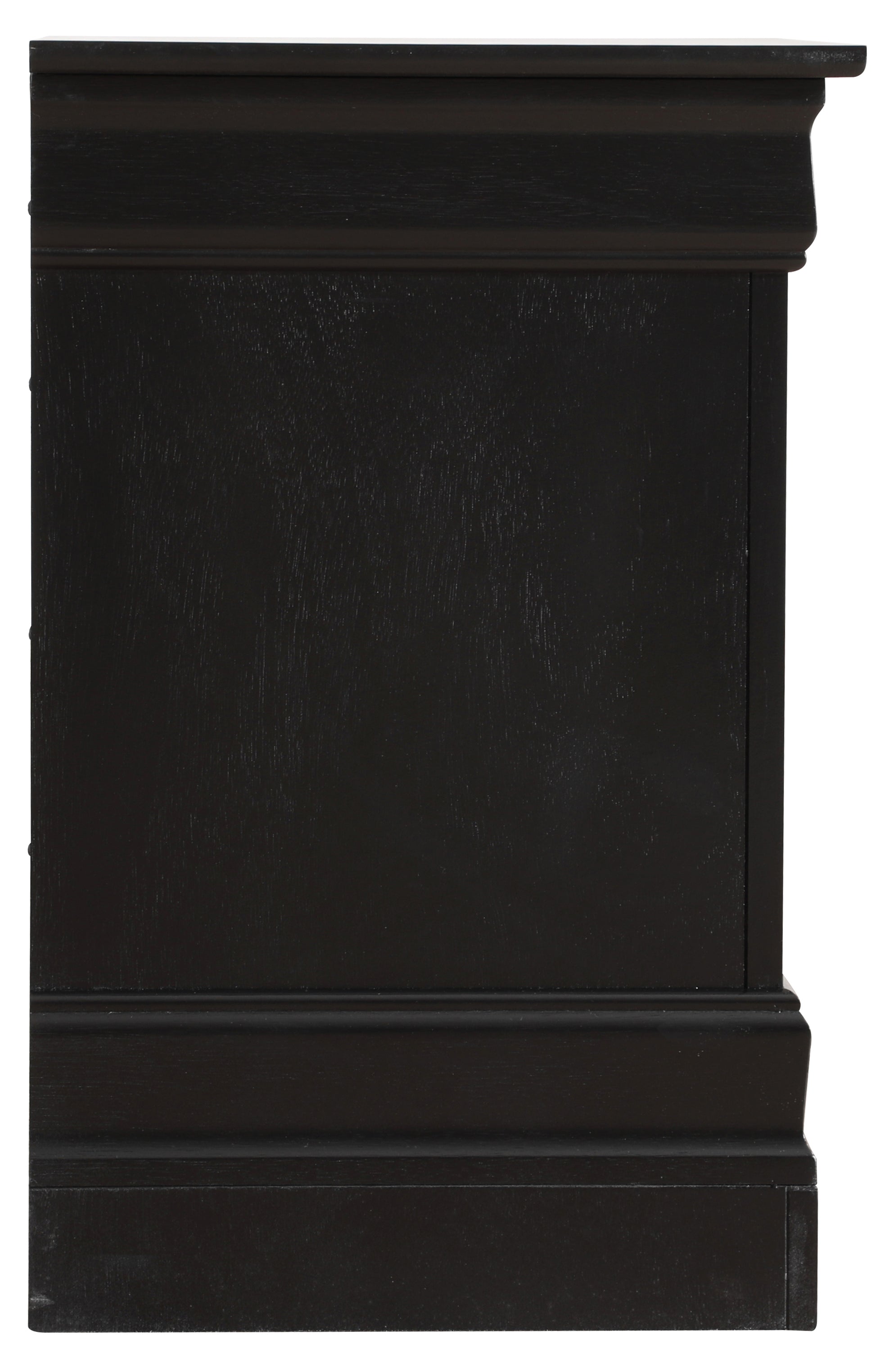 Dark stained wood dresser side view showing decorative molding