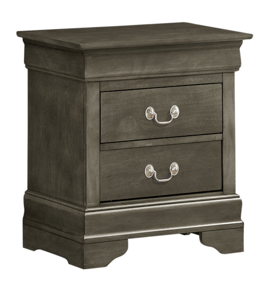 Dark gray wooden nightstand with two drawers and silver handles