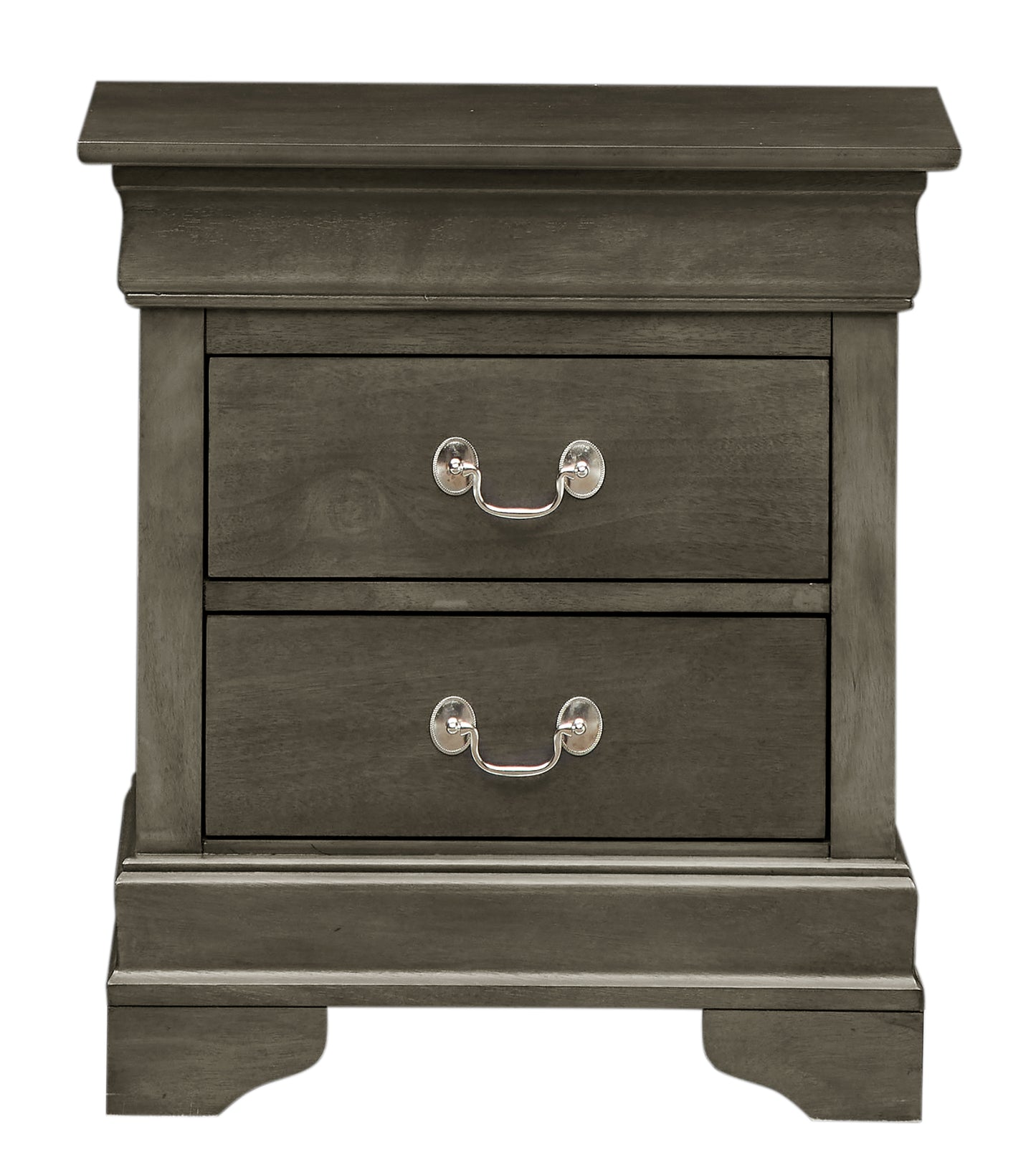 Gray wood bedside table with two drawers and silver pulls