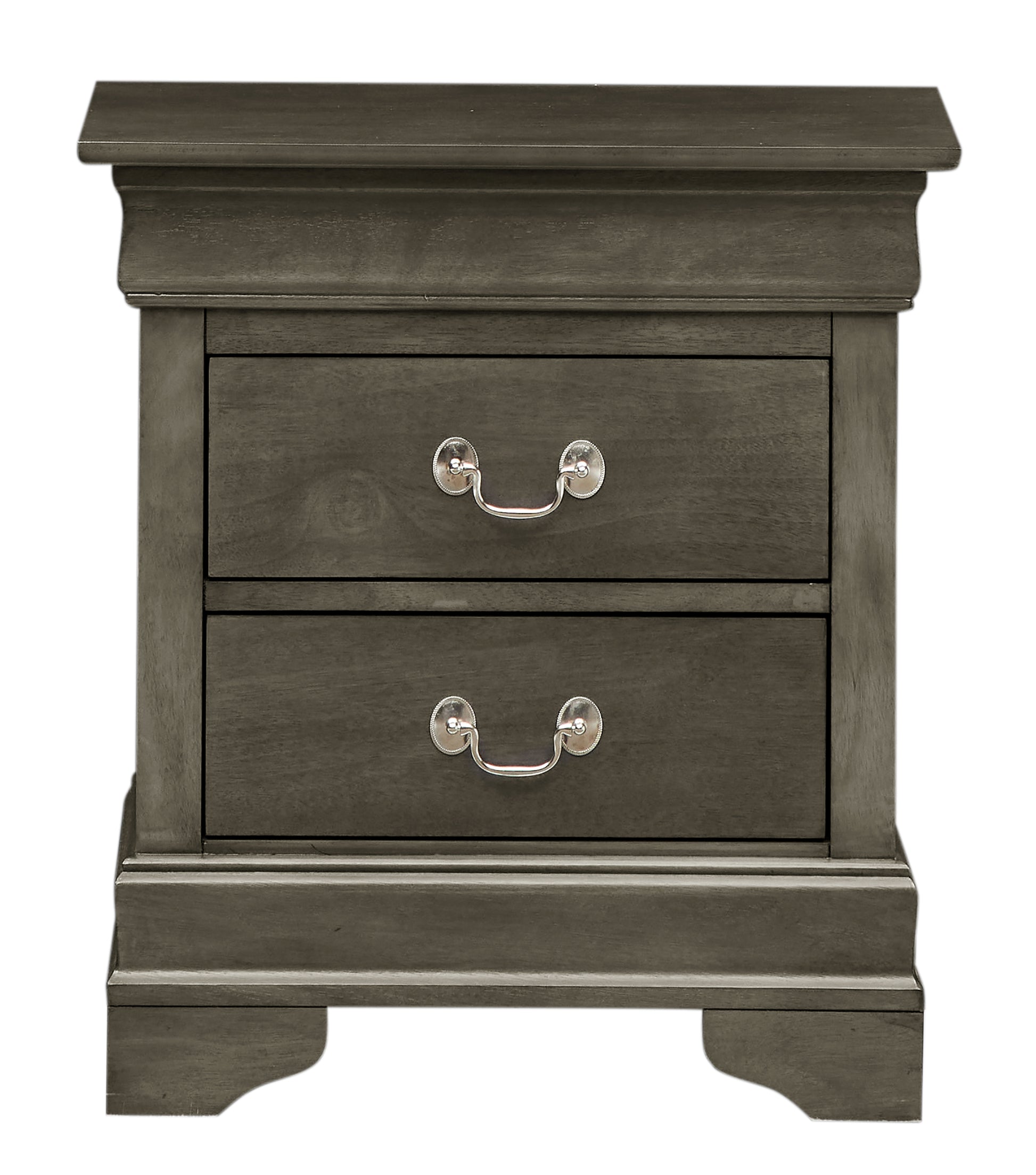 Gray wood bedside table with two drawers and silver pulls