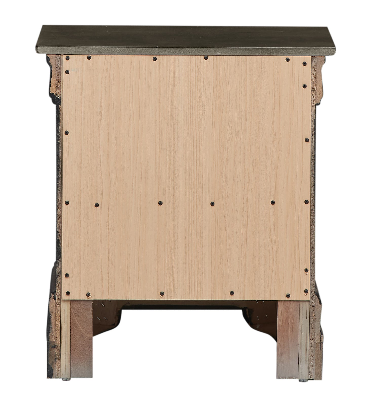 Dark gray metal top on wooden nightstand back view showing unfinished plywood panel with screws