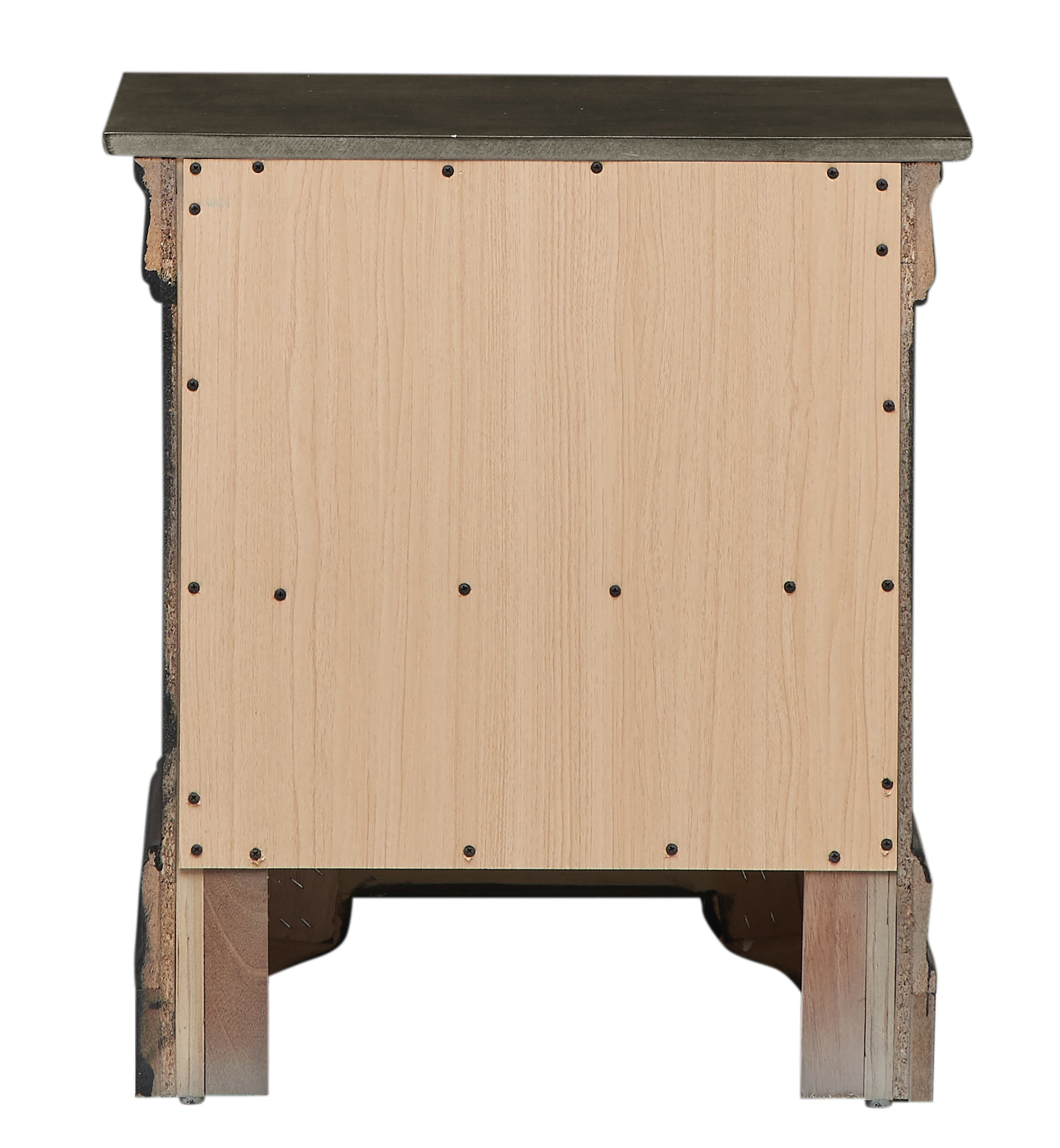 Dark gray metal top on wooden nightstand back view showing unfinished plywood panel with screws