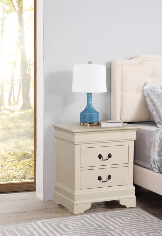 Cream painted wooden nightstand with two drawers and antique brass handles