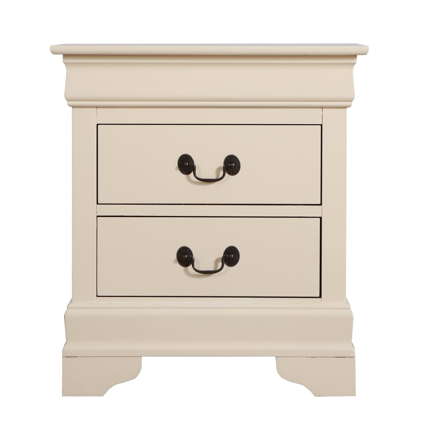 Beige wooden bedside table with two drawers and antique brass pull handles