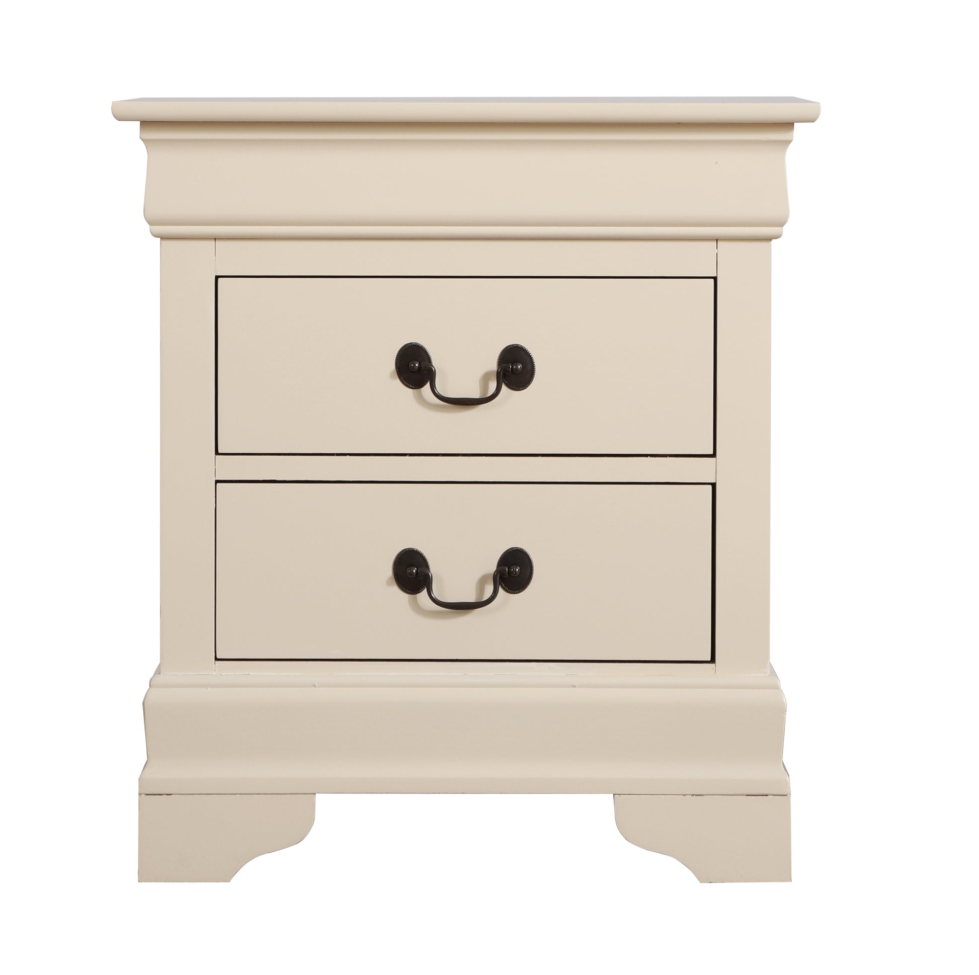 Beige wooden bedside table with two drawers and antique brass pull handles