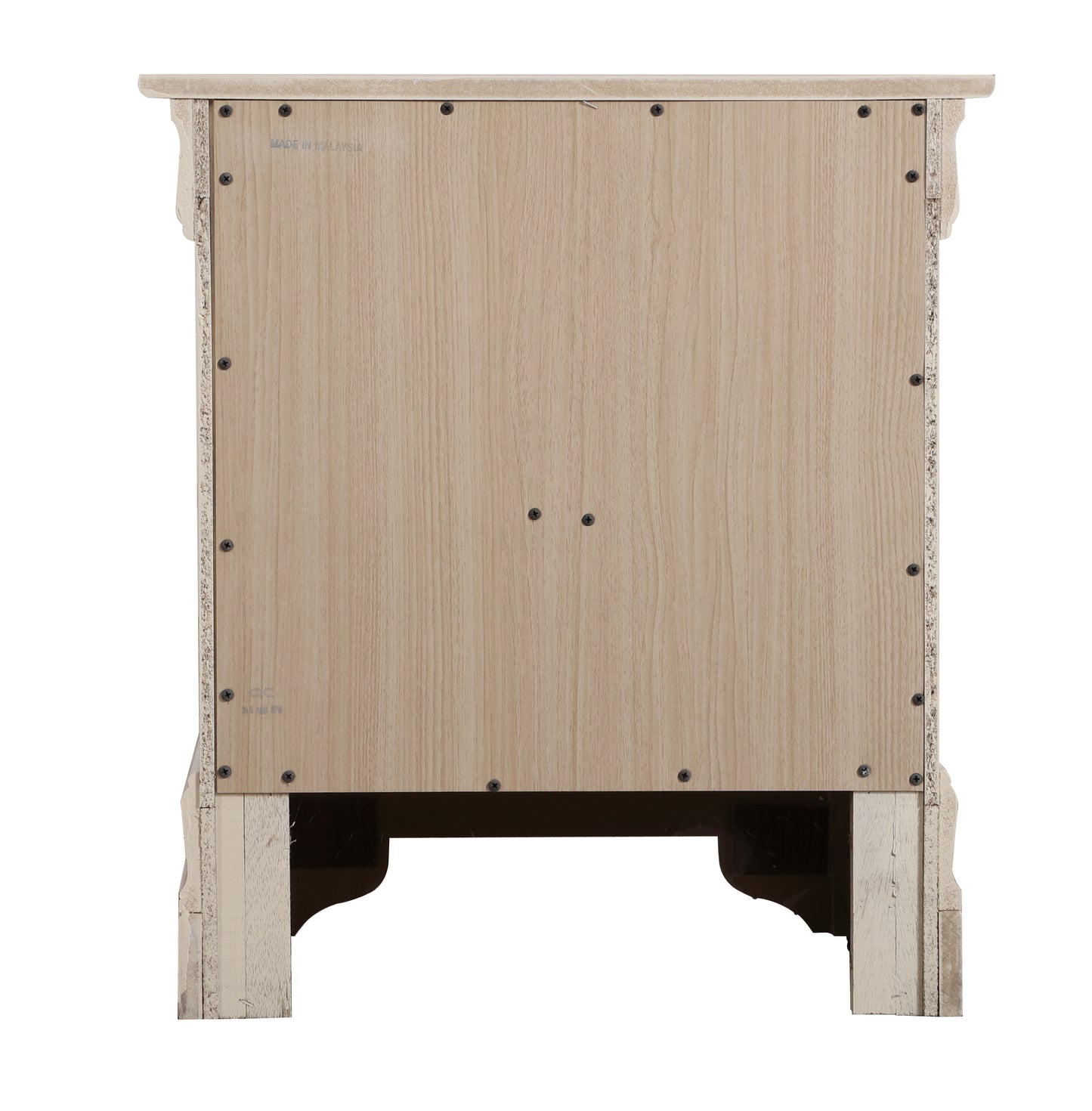 Back panel of a light oak nightstand showing wooden veneer and screw assembly