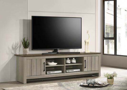 Modern gray wash TV stand with ample storage and a sleek design for living rooms