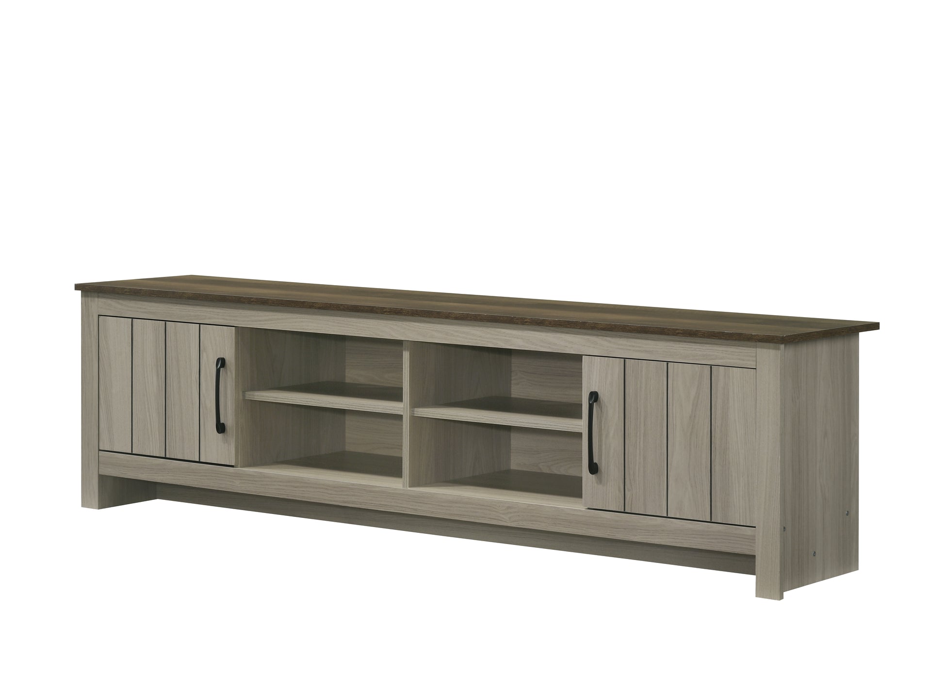 Modern grey wood TV stand with two cabinets and open shelving for media consoles
