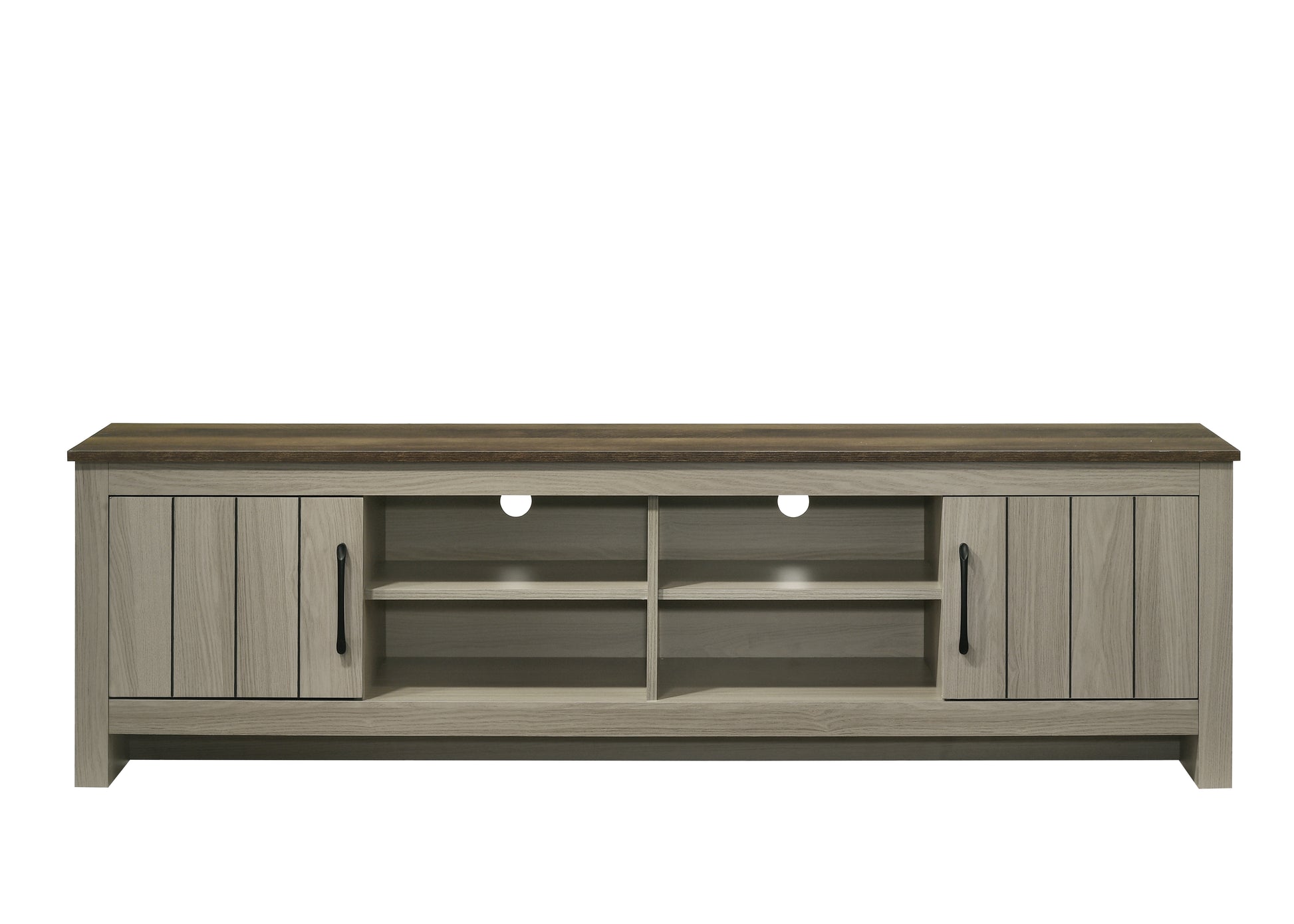 Gray wood media console with dark top and two cabinets