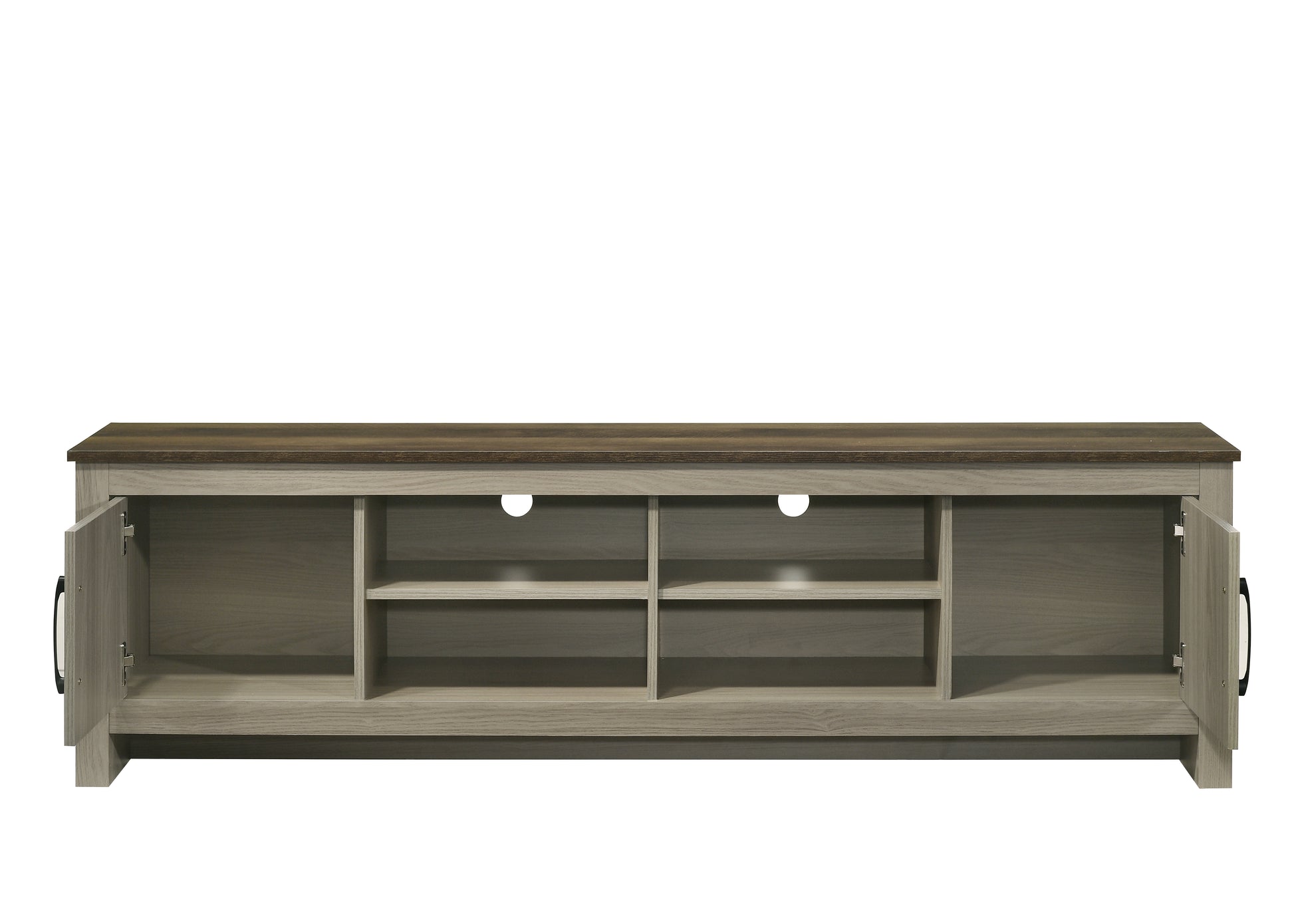 Gray wash media console with dark wood top and open compartments for electronics storage