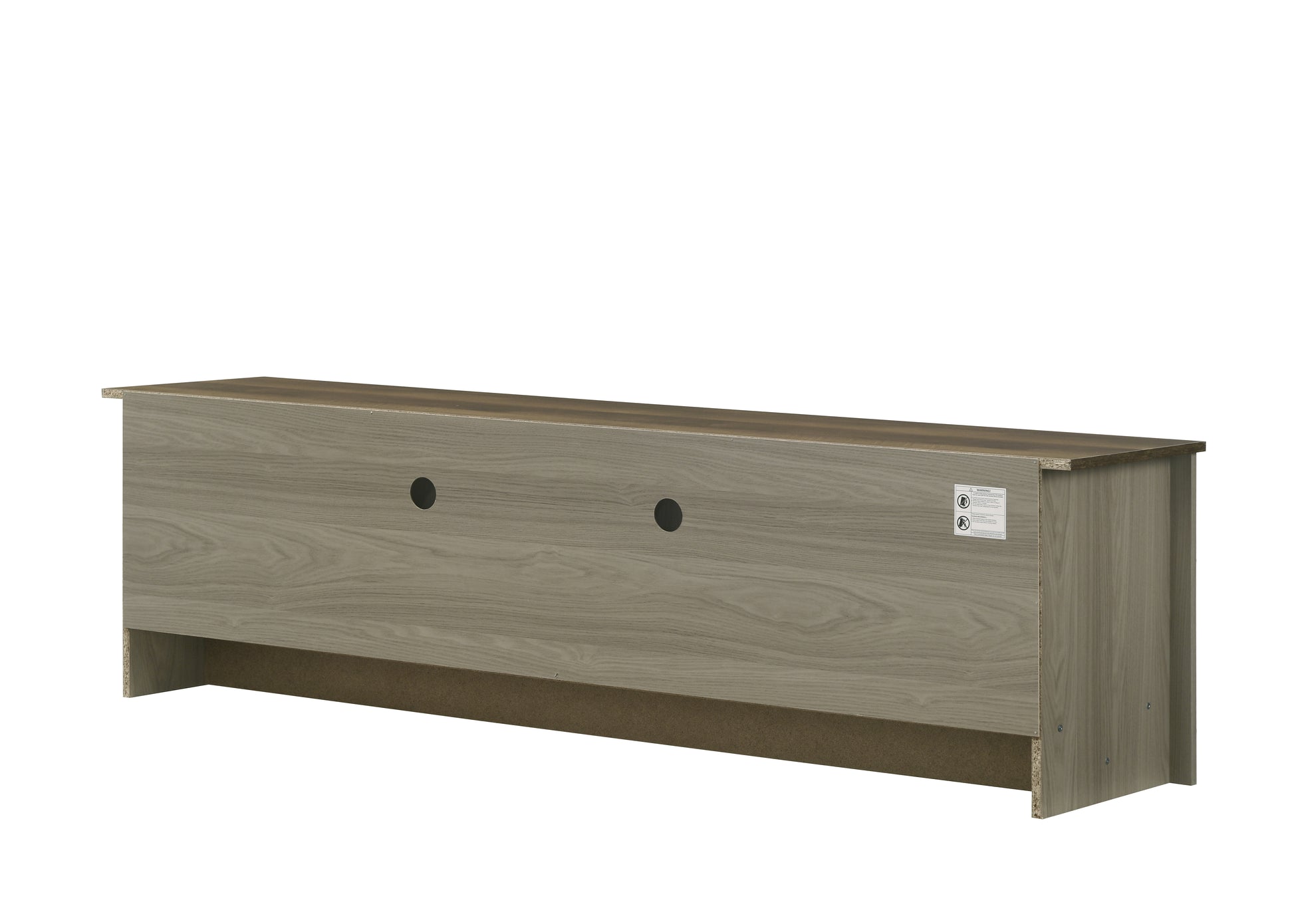 Modern grey wood grain media console with cable management holes
