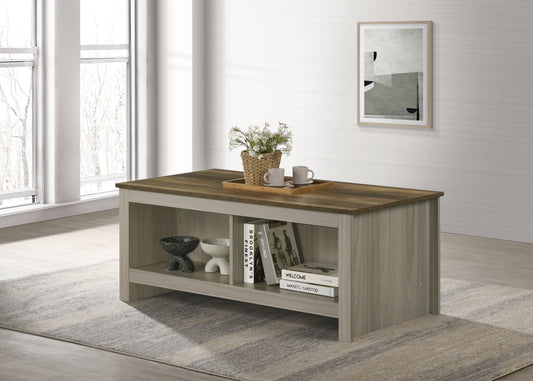 Modern coffee table with weathered oak top and grey wood base featuring open shelving