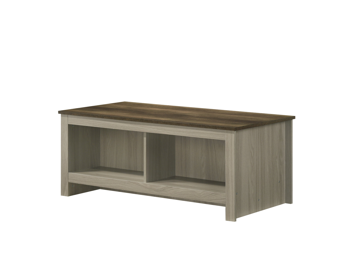Modern oak wood grain coffee table with two open storage shelves perfect for living rooms