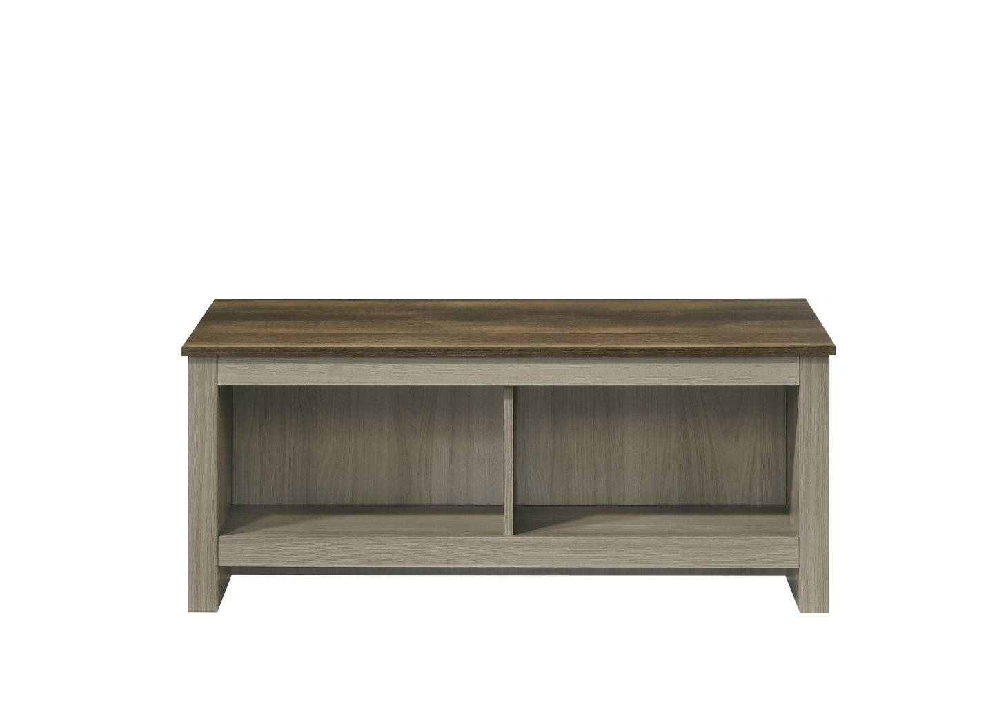 Modern grey and oak wood coffee table with two open shelves