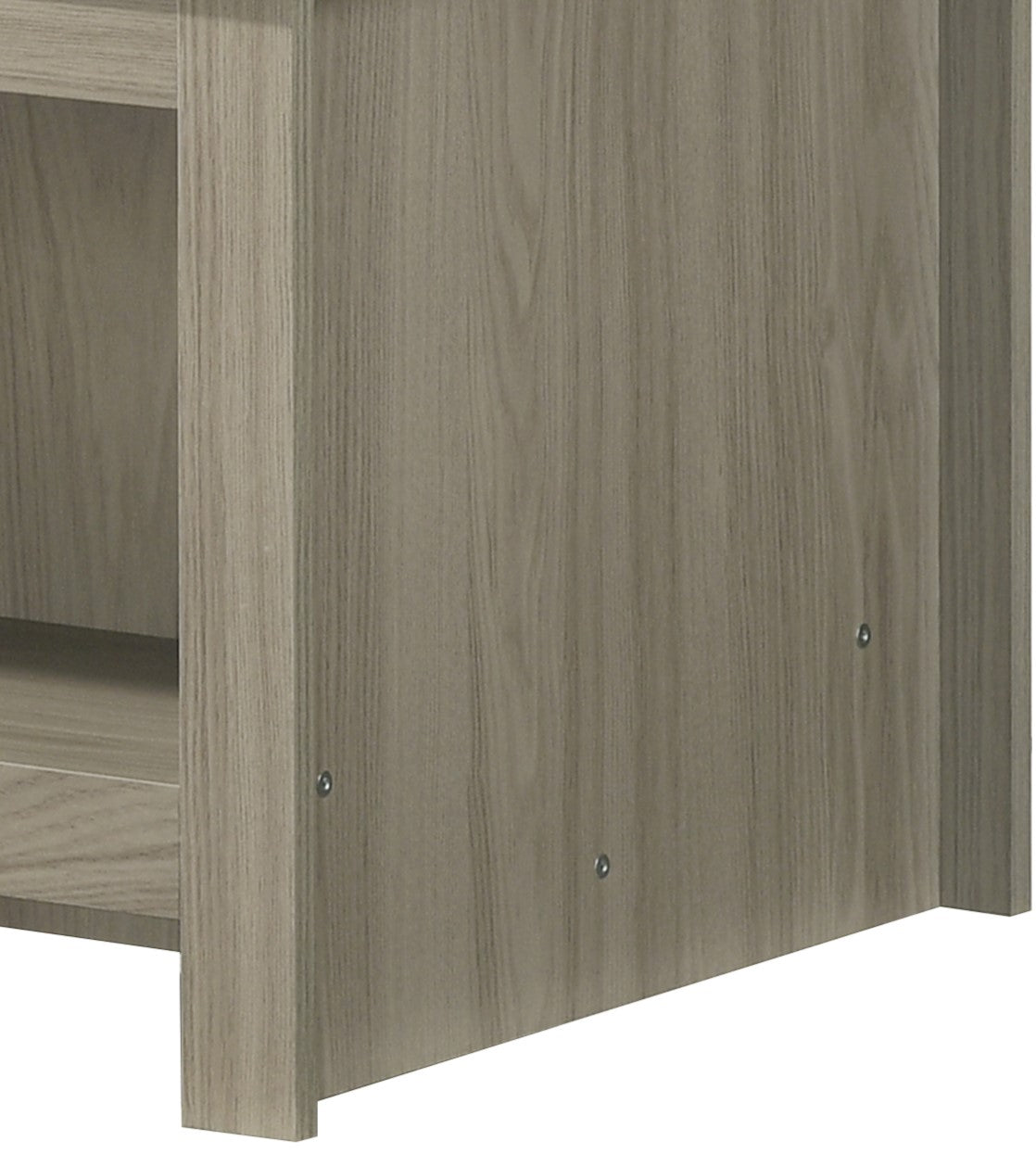 Gray wood grain side panel of a modern accent table with visible screw accents